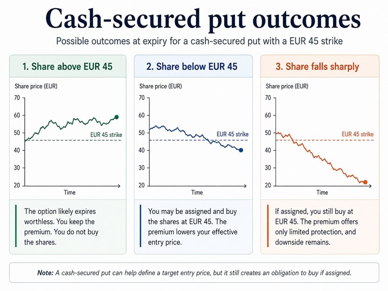 Table showing possible cash-secured put outcomes when the share price stays above the strike, falls below the strike, or falls sharply.