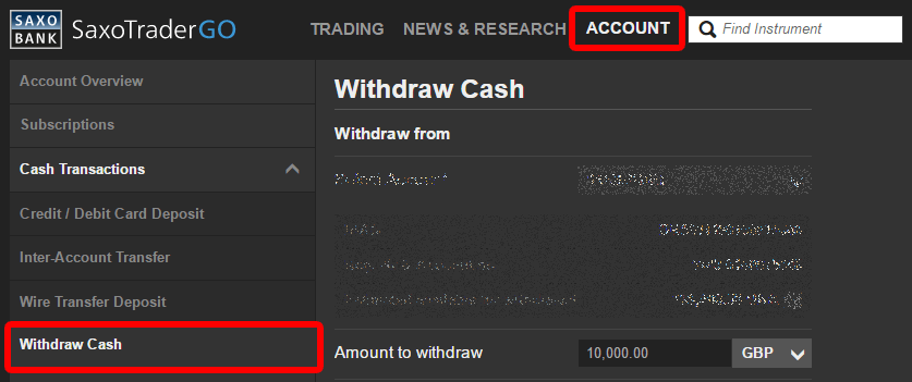 SaxoTraderGo Withdraw Cash